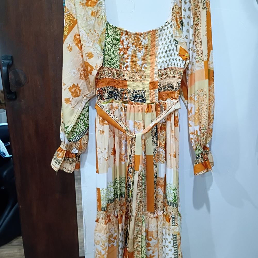 New Boot Bar L Elegant Long Sleeve Patchwork Dress - Orange and Green